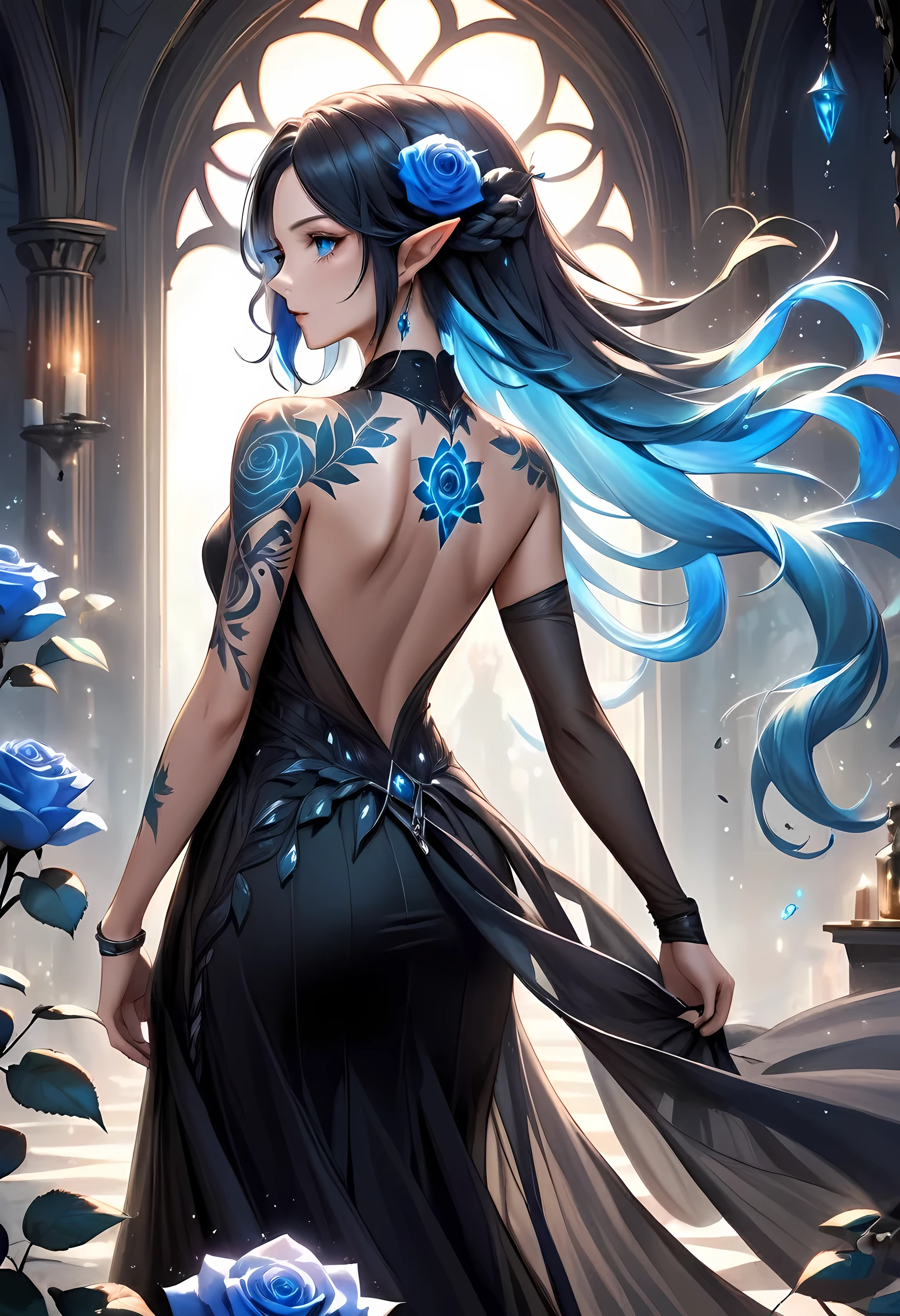Arafed, Dark fantasy art, fantasy art, goth art, a picture of a tattoo on the back of a female elf, of glowing tattoo of a ((blue rose: 1.3)) the rose tattoo is vivid, intricate detailed coming to life rose from the ink to real life, AlchemyPunkAI, shoot taken from the back, ((the back is visible: 1.3), she wears a transparent black dress, the dress is elegant, flowing, elven style, that the tattoos glow, dynamic hair color, dynamic hair style, crystalline dress