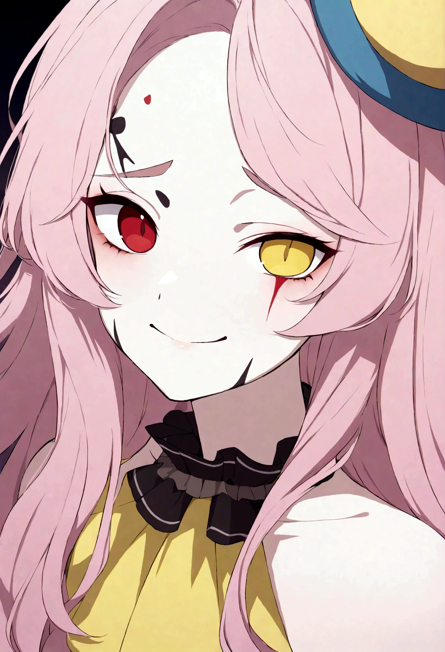 femme , clown , bouche charmante et malicieux , large sourire , a dark gouged out eye , un oeil jaune et rouge , drugged , nez rouge , long tousled hair , anime. Face detail , 4k