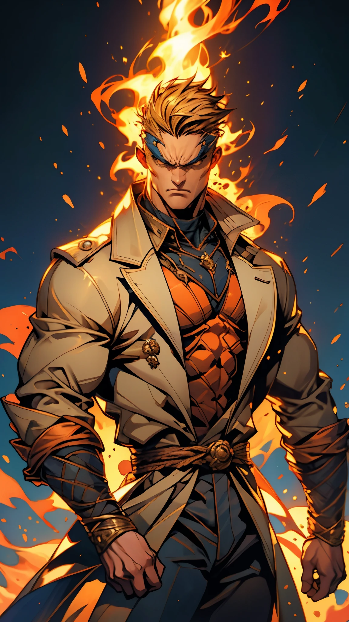 A man with short golden hair, middle-parted bangs, a hexagonal metal forehead protector, round glaring eyes filled with anger, a furious expression, chiseled facial features, a muscular build, an orange fantasy martial arts-style coat with flame-shaped decorations on the collar, a luxurious red and white undershirt, matching trousers, the backdrop of a fantasy-style city street, this character embodies a finely crafted fantasy martial arts-style warrior in anime style, exquisite and mature manga art style, dramatic, high definition, best quality, highres, ultra-detailed, ultra-fine painting, extremely delicate, professional, perfect body proportions, golden ratio, anatomically correct, symmetrical face, extremely detailed eyes and face, high quality eyes, creativity, RAW photo, UHD, 32k, Natural light, cinematic lighting, masterpiece-anatomy-perfect, masterpiece:1.5