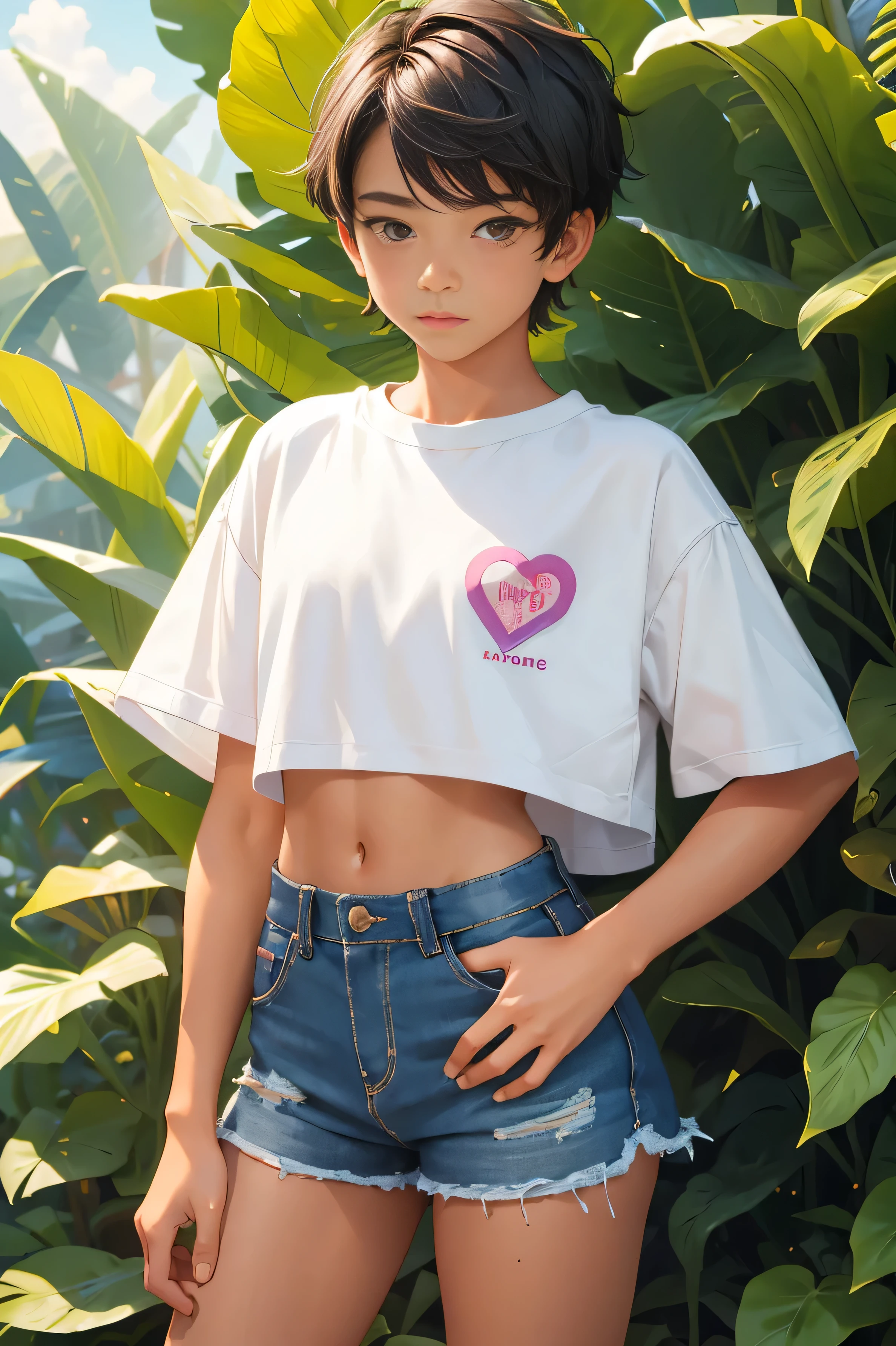 Teen boy 16 years old, beautiful teen boy is wearing a cropped shirt and too very much short mini shorts, the boy's legs are beautiful, tanned, bangs, flirty posing, hot summer, top quality,