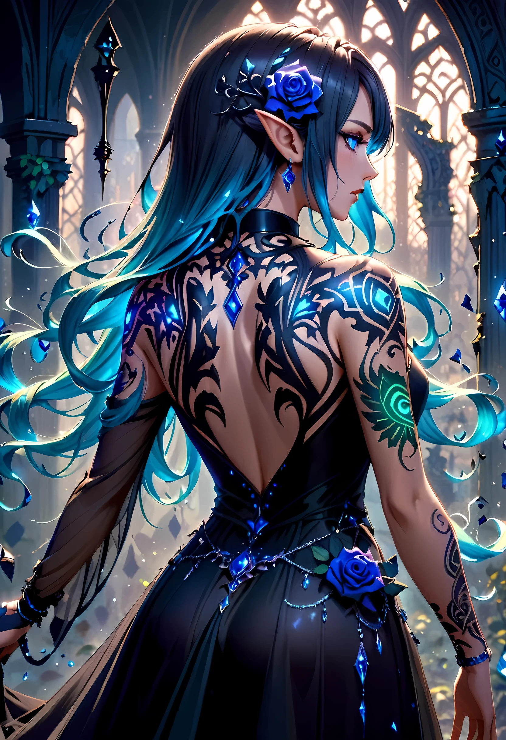 Arafed, Dark fantasy art, fantasy art, goth art, a picture of a tattoo on the back of a female elf,  of  glowing tattoo of a ((blue rose: 1.3)) the rose tattoo is vivid, intricate detailed coming to life rose from the ink to real life, AlchemyPunkAI, shoot taken from the back, ((the back is visible: 1.3), she wears a transparent  black dress, the dress is elegant, flowing, elven style, that the tattoos glow, dynamic hair color, dynamic hair style, crystalline dress