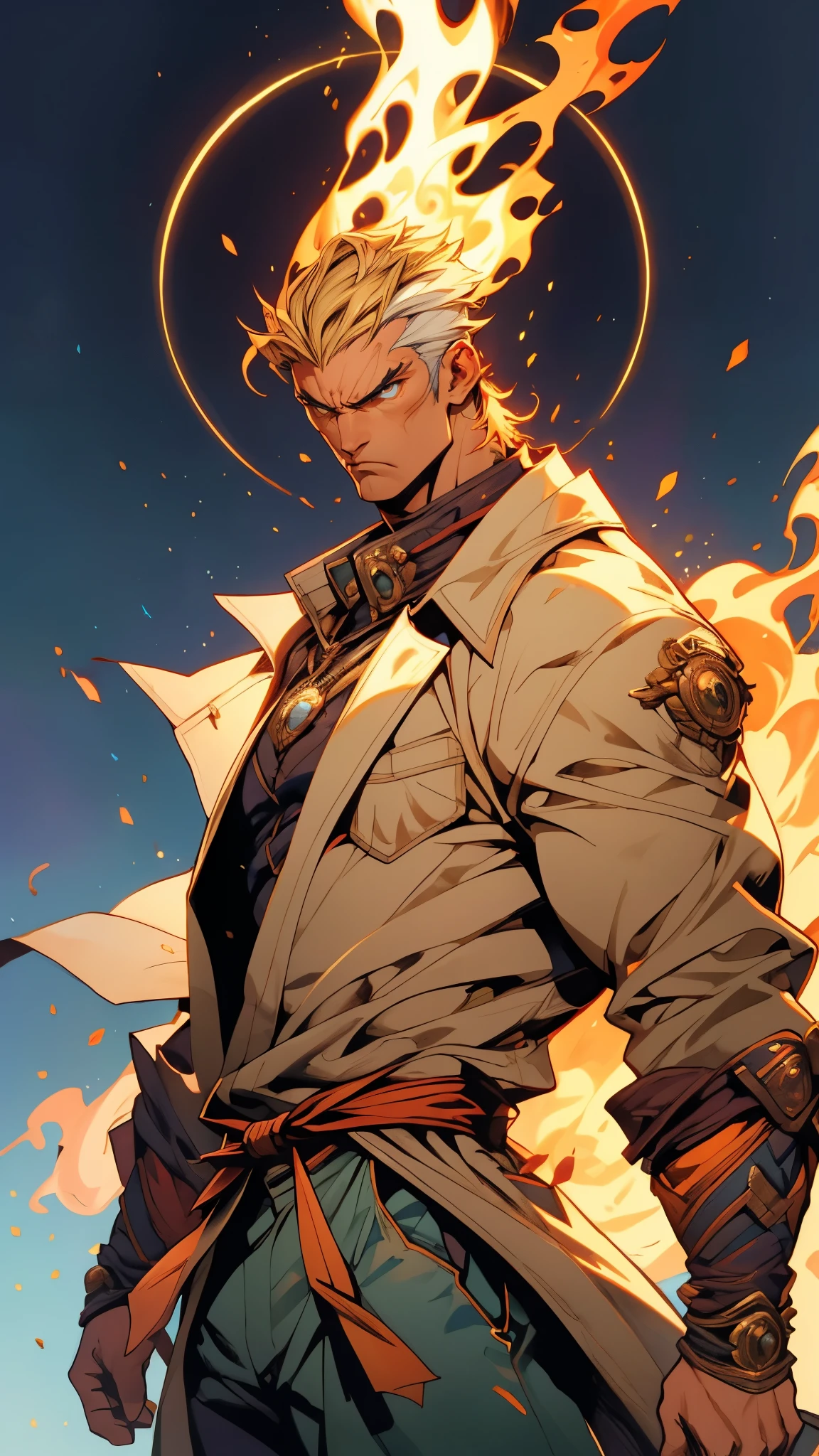 A man with short golden hair, middle-parted bangs, a hexagonal metal forehead protector, round glaring eyes filled with anger, a furious expression, chiseled facial features, a muscular build, an orange fantasy martial arts-style coat with flame-shaped decorations on the collar, a luxurious red and white undershirt, matching trousers, the backdrop of a fantasy-style city street, this character embodies a finely crafted fantasy martial arts-style warrior in anime style, exquisite and mature manga art style, dramatic, high definition, best quality, highres, ultra-detailed, ultra-fine painting, extremely delicate, professional, perfect body proportions, golden ratio, anatomically correct, symmetrical face, extremely detailed eyes and face, high quality eyes, creativity, RAW photo, UHD, 32k, Natural light, cinematic lighting, masterpiece-anatomy-perfect, masterpiece:1.5