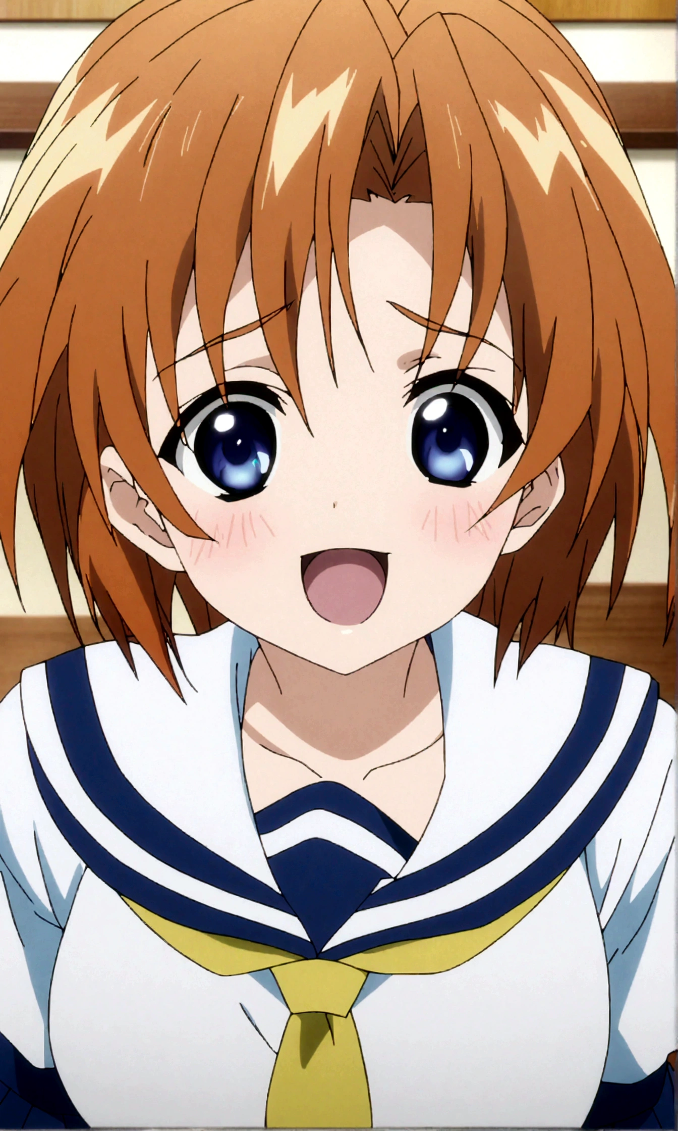 Ugly score_9, score_8_up, score_7_up, score_6_up, source_anime, anime screencap, anime coloring, 1girl, ryuuguu rena, solo, teenage, kawaii, breasts, medium breasts, blue eyes, blush, open mouth, orange hair, short hair, big breasts, simple background, white background, blue , serafuku, skirt, smile, pleated skirt, blue skirt, necktie, yellow necktie