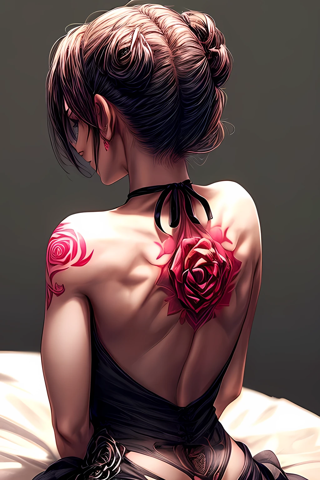 Woman's back view in a halter neck dress has a single rose tattooed on her back