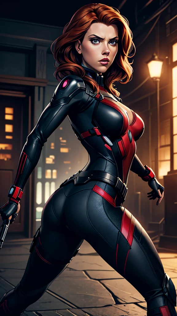 Scarlett Johansson, as Black Widow, dashes forward with purpose. The camera captures her from behind, showcasing the intricate details of her black tactical suit, which fits her form perfectly and is equipped with various gear. Her auburn hair streams behind her, reflecting the urgency of her movement. The backdrop, slightly out of focus, hints at a high-stakes chase or mission, with dim lighting casting dramatic shadows that emphasize her determined pace. The overall scene is dynamic and intense, highlighting her agility and the sense of impending action.