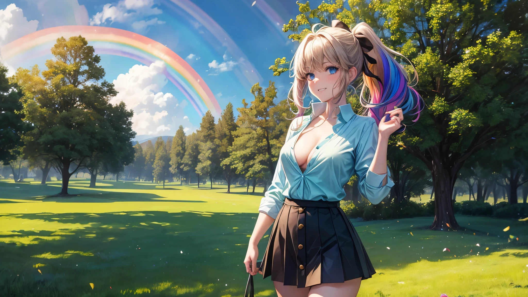 1girl, full body, solo, summer, village, trees, sun, clouds, ((rainbow colored hair)), ponytail, large breasts, button down, blue eyes, ((pale green silk shirt)), ((unbuttoned shirt)), unbuttoning buttons, popping buttons, ((short sleeved shirt)), ((light brown west sweeter)), black mini skirt, brown shoes, grin, looking at the viewer, standing, hair ribbon, cleavage, golden necklate