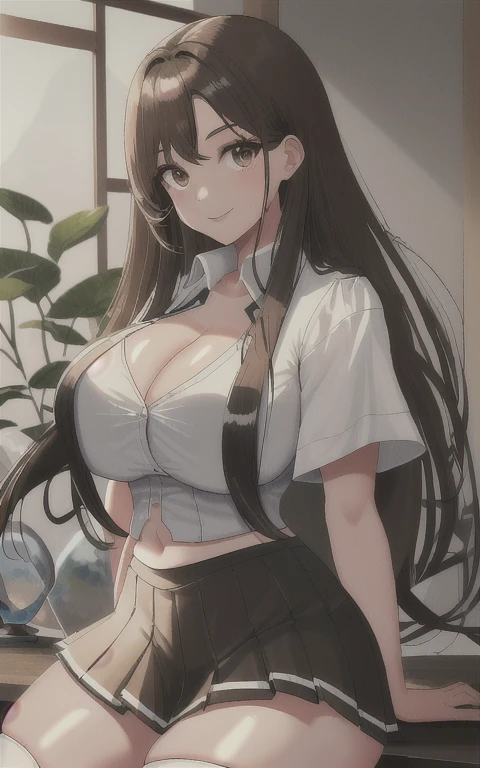 (((masterpiece, best quality, The absurdity)))), 1 Girl,Solitary, Brazilian young woman (19 years old, Natural long black hair (Length to hip height)) Wearing Japanese school uniform(( white button short shirt,Mini pleated skirt,Alloy white thong underwear, Stockings skin color(Light brown)))), Huge breasts (((Large Breasts)))Breast sagging、Low-cut(((Cleavage )))、(((Wide hips,)))(((Hourglass figure)))((Long legs)), beautiful girl,A bright smile