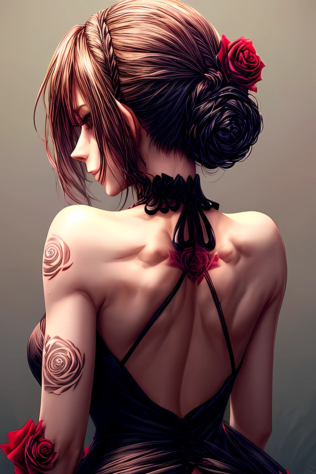 Woman's back view in a halter neck dress has a single rose tattooed on her back