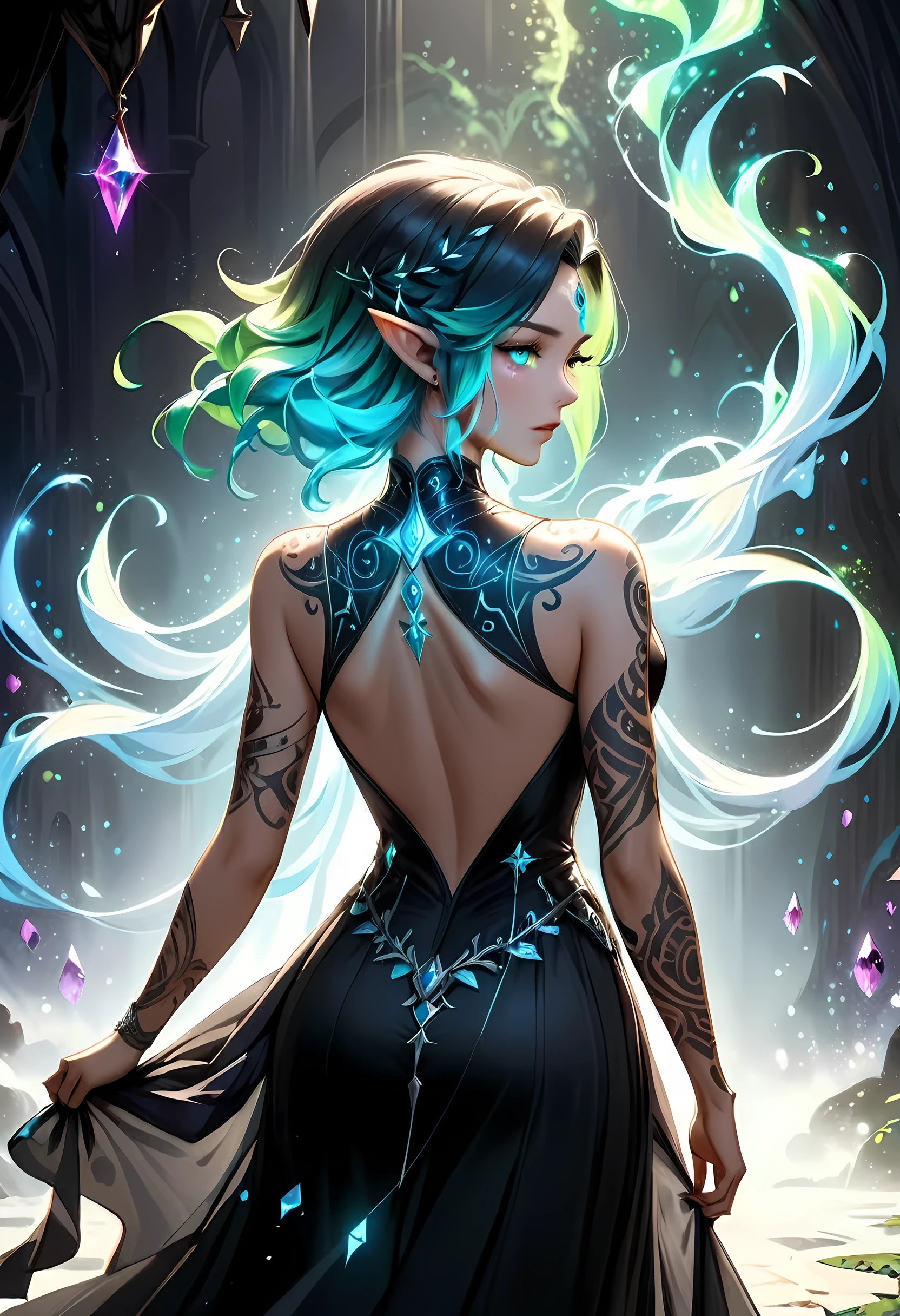 modisn disney, Arafed, Dark fantasy art, fantasy art, goth art, a picture of a tattoo on the back of a female elf, of ((glowing: 1.3)) elven magical runes, intricate detailed coming to life, AlchemyPunkAI, shoot taken from the back, ((the back is visible: 1.3), she wears a transparent black dress, the dress is elegant, flowing, elven style, that the tattoos glow, dynamic hair color, dynamic hair style, crystalline dress