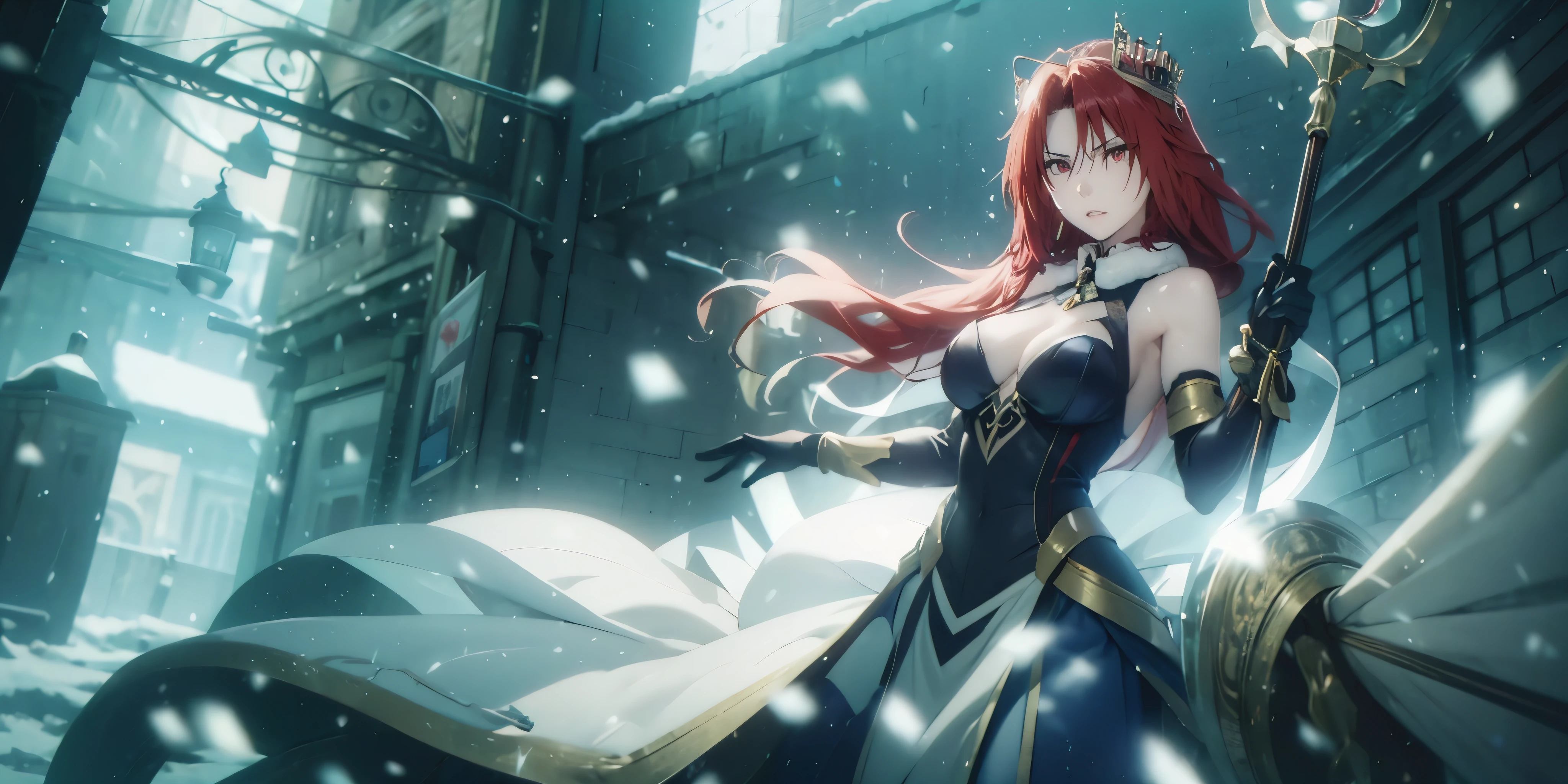 long hair, red hair, braid, red eyes, muscular female, curvy, anatomical correct, 1girl, solo, breasts, looking at viewer, gloves, dress, holding, cleavage, bare shoulders, jewelry, staff, earrings, alternate costume, elbow gloves, fur trim, blue dress, glowing, crown, staff, strapless dress, snow, gift, snowing, holding staff, blue gloves, snowflakes, dark persona, hollow eyes, red eyes,  lips, cheek, expressionless, glaring eyes, upper teeth, glowing eyes,