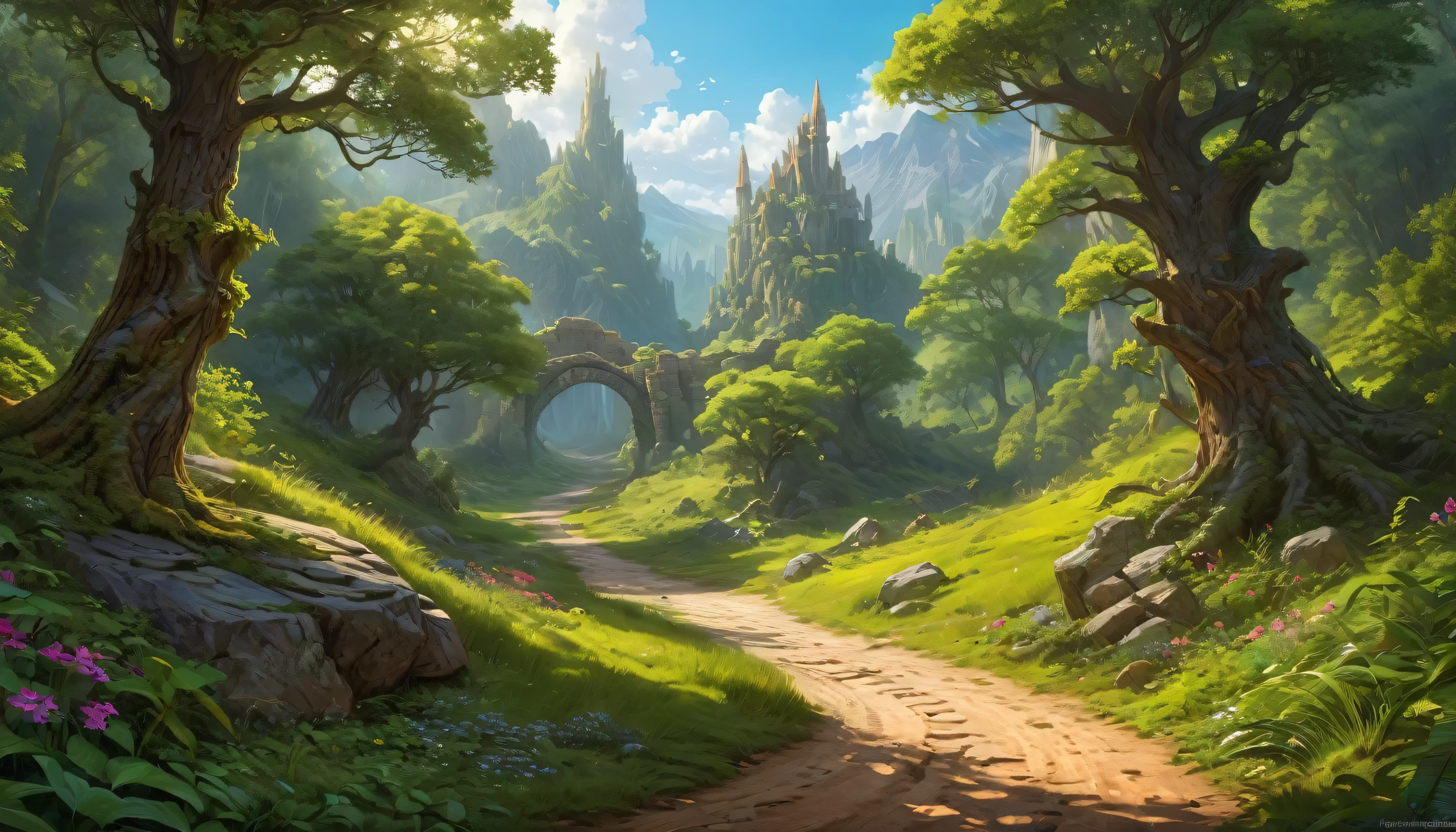 (by Greg Rutkowski: 1.2), (masterpiece, best quality, high resolution, highly detailed, depth of filed, HDR:1.2), extremely delicate and beautiful, illustration, vibrant colors, (fantasy landscape, from dungeon and dragons), A mesmerizing fantasy with enchanting elements blending seamlessly. (a dirt road lead to a forest, forest entrance, large bushes, small boulders scattered)