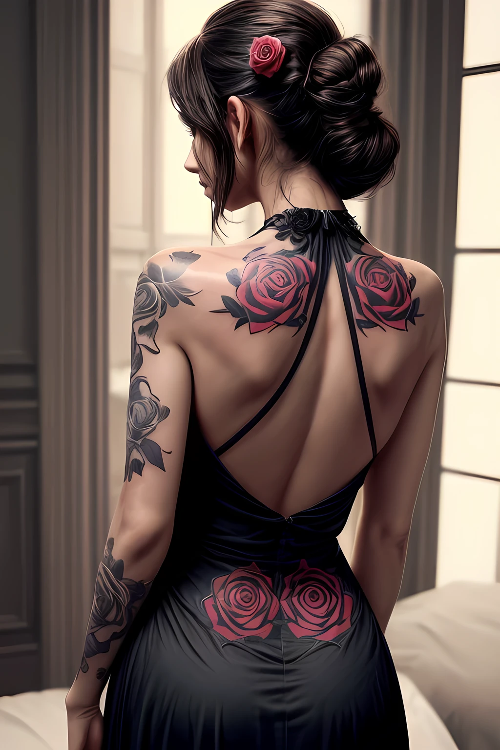 Woman's back view in a halter neck dress has a single rose tattooed on her back