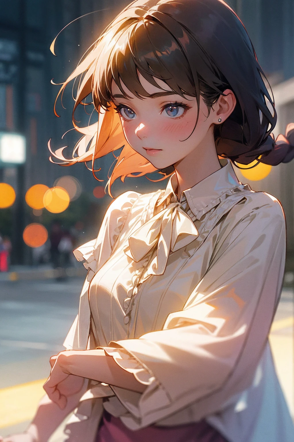 best quality, photorealistic, 1girl, woman,(skindentation), medium breast, (bright), (professional lighting, bokeh), (street), people, crowds, braided bangs, (blouse:1.5), (portait:0.8), gorgeous, bloom, floating hair, (dynamic pose:0.6) , soft lighting, 