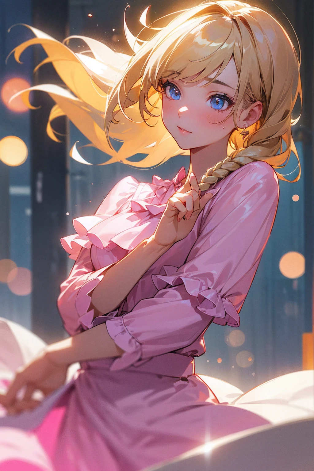 best quality, photorealistic, 1girl, woman,(skindentation), medium breast, (bright), (professional lighting, bokeh), (street), people, crowds, braided bangs, (blouse:1.5), (portait:0.8), gorgeous, bloom, floating hair, (dynamic pose:0.6) , soft lighting,