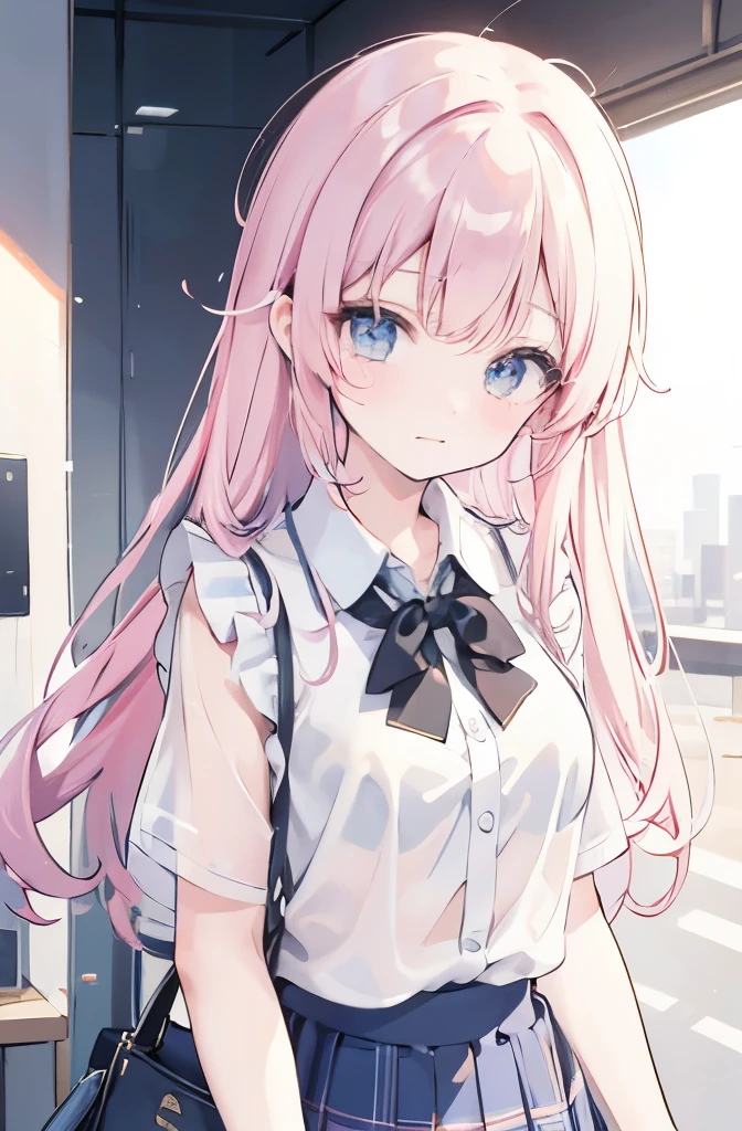 Best anime quality,8k,High definition,,Embarrassed face,blouse,,See-through bra,Checked mini skirt,Straight Hair,