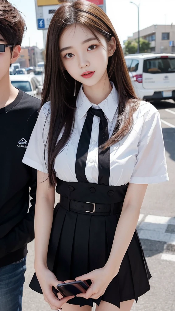 (high quality), (NSFW:1.2), Split screen vertically, 1 girl and 1 man are dating online by exchanging own photos and messages using a smartphone chatting app, 18 years old, korean, long distance relationship, The text is written in English., they weared korean high school uniforms, whole body, Focus your eyes on your phone screen and be happy, Upload your photos to an online community using a smartphone app, Men are crazy about her posts online, just like cartoon cuts., They're sending her messages asking to chat, You are amused by their reactions, light makeup, slim figure, (girl weared thin and natural pantyhose : 1.9), (girl weared slim high_school uniform_pencil skirt and blouse : 1.6),(a man weared high school uniform_shirts and pants:1.5), (they weared school uniform_blazer and tie), One woman and several men, Men's and women's cuts are separated