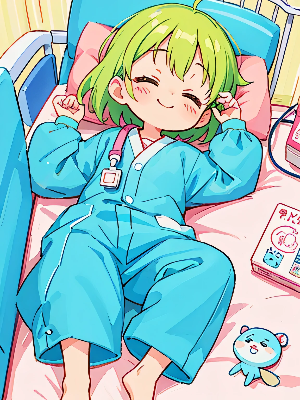 Fujio Akatsuka style, Kawaii Design, The most beautiful girl of all time、Chibi, best smile, Taking a nap、Pants only, hospital bed