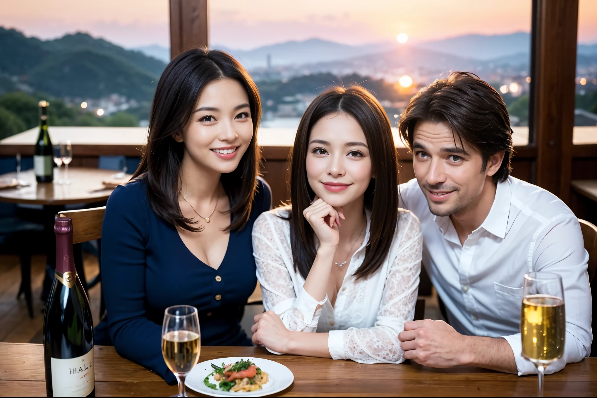 ((highest quality、8k、masterpiece:1.3))、1 male 1 female、Lovers、beautiful couple、Happy Smile、 (Slim face), (The body is スリム), (Brown Hair), (Shortcuts), ((Bob Hale、Straight hair:1.2)), テーブルの上のwine glass、Please put light on my face、 Amazing view of the sunset sky and clouds、Amazing mountain views、The wonderfulness of smiles、Bright image、Blushing, Shortcuts,Bright Face、 (42 years old), 39 years old, red wine 、Appetizers、Italian food、Wine bottle、Champagne、sparkling wine、Long sleeve shirt、dress、Attractive beauty、restaurant, Nova Frog Style, actress, model, Upper Body, White wine, red wine, wine glass,