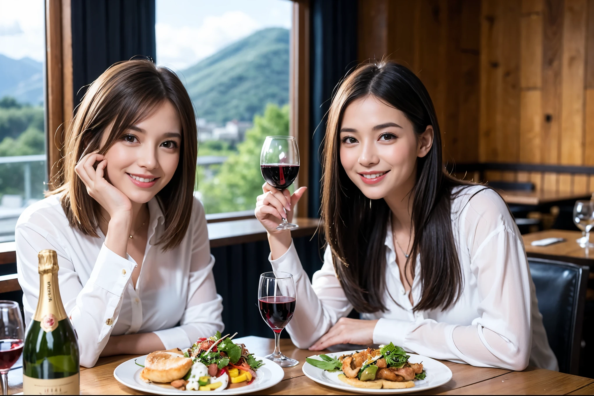 ((highest quality、8k、masterpiece:1.3))、1 male 1 female、Lovers、beautiful couple、Happy Smile、 (Slim face), (The body is スリム), (Brown Hair), (Shortcuts), ((Bob Hale、Straight hair:1.2)), テーブルの上のwine glass、Please put light on my face、 Amazing view of the sunset sky and clouds、Amazing mountain views、The wonderfulness of smiles、Bright image、Blushing, Shortcuts,Bright Face、 (42 years old), 39 years old, red wine 、Appetizers、Italian food、Wine bottle、Champagne、sparkling wine、Long sleeve shirt、dress、Attractive beauty、restaurant, Nova Frog Style, actress, model, Upper Body, White wine, red wine, wine glass, 