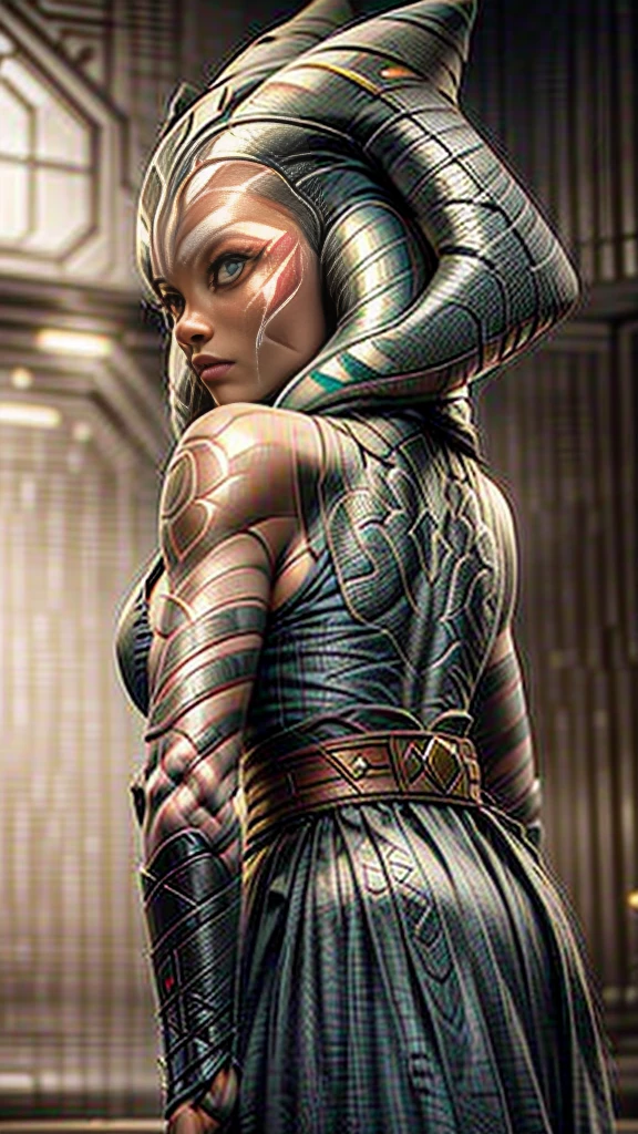 8K, Best Quality, Masterpiece, Ultra High Resolution,(Ultra-detailed face, Eyes wide open:1.3), (Ahsoka Tano: 1.1), (looking back to viewer:1.3), (upper body image:1.6), (tattoo on her back: 1.2), (highly detailed CG unity 8k wallpaper), (best illustration), (best shadows), isometric 3D , octane rendering, ray tracing, highly detailed, Ahsoka Tano with tattoo on her back
