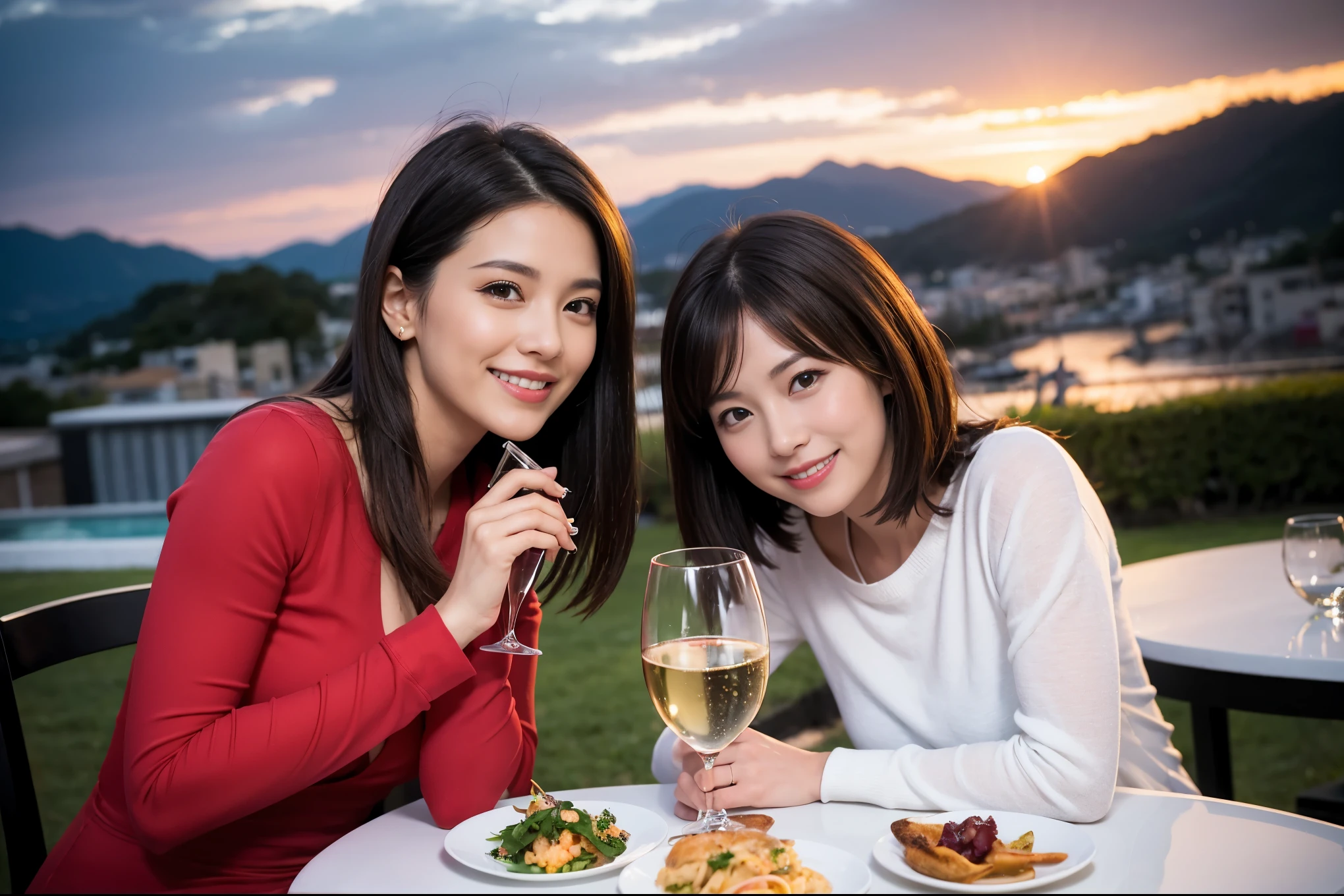 ((highest quality、8k、masterpiece:1.3))、1 male 1 female、Lovers、beautiful couple、Happy Smile、 (Slim face), (The body is スリム), (Brown Hair), (Shortcuts), ((Bob Hale、Straight hair:1.2)), テーブルの上のwine glass、Please put light on my face、 Amazing view of the sunset sky and clouds、Amazing mountain views、The wonderfulness of smiles、Bright image、Blushing, Shortcuts,Bright Face、 (42 years old), 39 years old, red wine 、Appetizers、Italian food、Wine bottle、Champagne、sparkling wine、Long sleeve shirt、dress、Attractive beauty、restaurant, Nova Frog Style, actress, model, Upper Body, White wine, red wine, wine glass, 