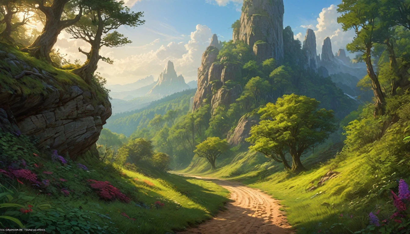 (by Greg Rutkowski: 1.2), (masterpiece, best quality, high resolution, highly detailed, depth of filed, HDR:1.2), extremely delicate and beautiful, illustration, vibrant colors, (fantasy landscape, from dungeon and dragons), A mesmerizing fantasy with enchanting elements blending seamlessly. (a dirt road lead to a forest, forest entrance, large bushes, small boulders scattered, mysterious, dark hue)