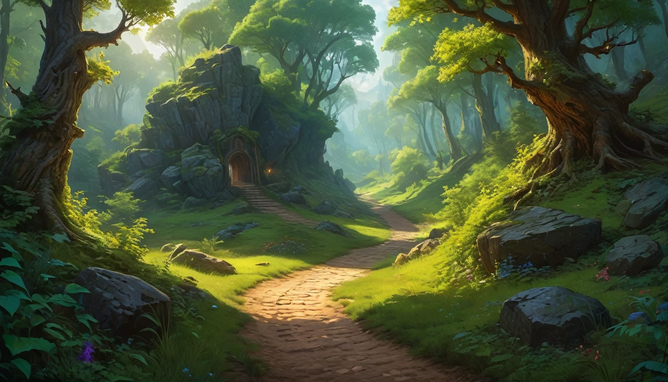 (by Greg Rutkowski: 1.2), (masterpiece, best quality, high resolution, highly detailed, depth of filed, HDR:1.2), extremely delicate and beautiful, illustration, vibrant colors, (fantasy landscape, from dungeon and dragons), A mesmerizing fantasy with enchanting elements blending seamlessly. (a dirt road lead to a forest, forest entrance, large bushes, small boulders scattered, mysterious, dark hue)