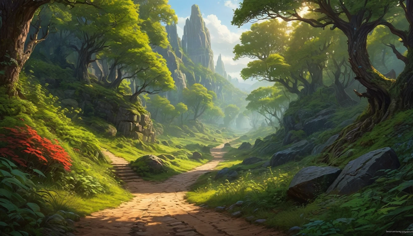 (by Greg Rutkowski: 1.2), (masterpiece, best quality, high resolution, highly detailed, depth of filed, HDR:1.2), extremely delicate and beautiful, illustration, vibrant colors, (fantasy landscape, from dungeon and dragons), A mesmerizing fantasy with enchanting elements blending seamlessly. (a dirt road lead to a forest, forest entrance, large bushes, small boulders scattered, mysterious, dark hue)