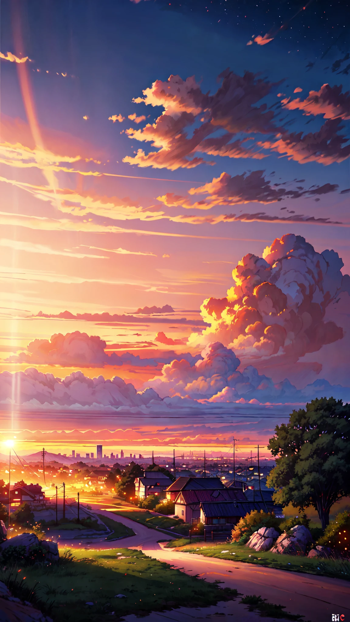 a beautiful detailed anime breathtaking evening landscape, on a hill overlooking a small town in the distance, glowing sky with warm sunset colors, detailed  features,  detailed background scenery, photorealistic, 8k, high quality detailed digital art