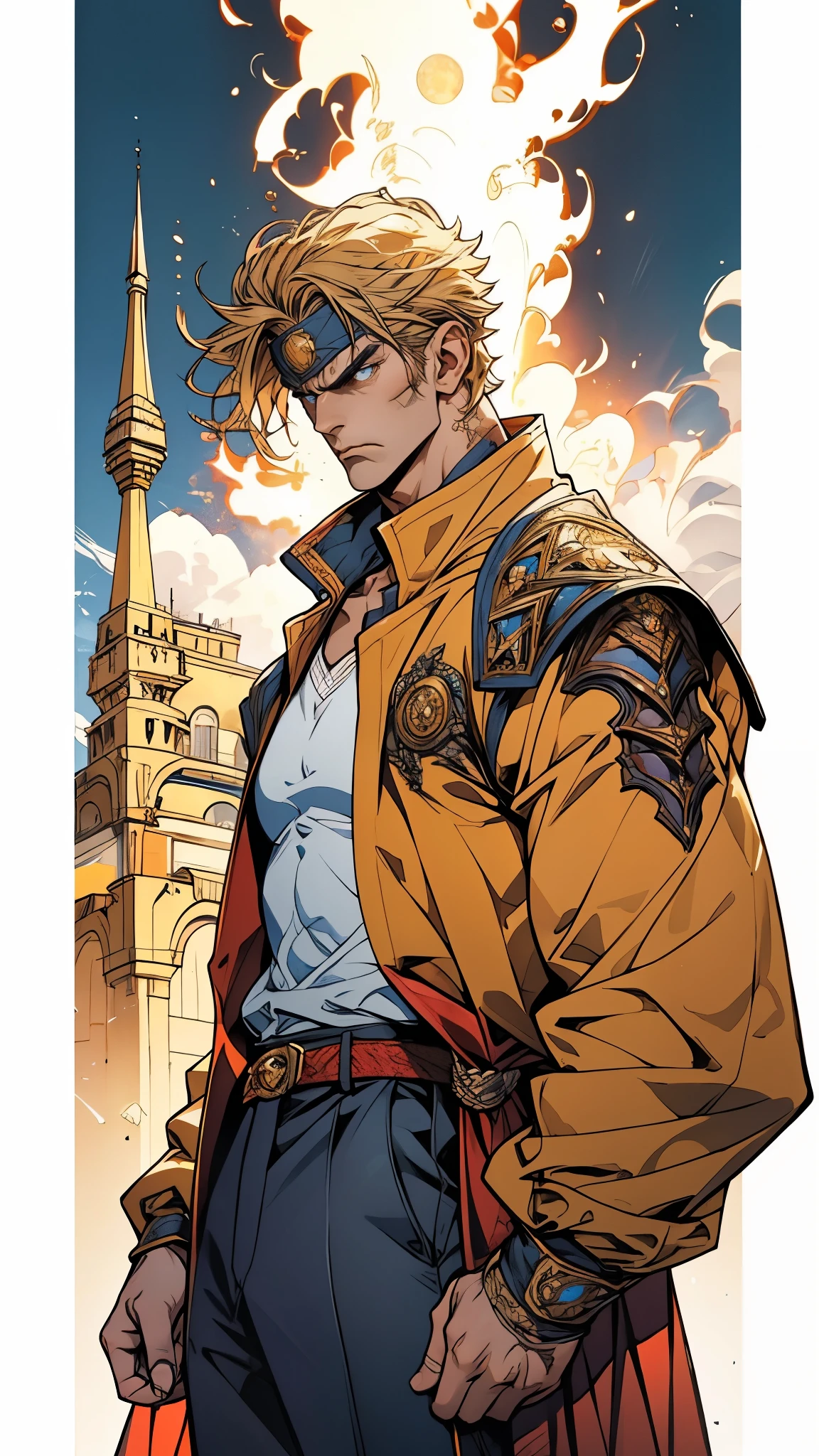 A man with short golden hair, middle-parted bangs, a hexagonal metal forehead protector, round glaring eyes filled with anger, a furious expression, chiseled facial features, a muscular build, an orange fantasy martial arts-style coat with flame-shaped decorations on the collar, a luxurious red and white undershirt, matching trousers, the backdrop of a fantasy-style city street, this character embodies a finely crafted fantasy martial arts-style warrior in anime style, exquisite and mature manga art style, dramatic, high definition, best quality, highres, ultra-detailed, ultra-fine painting, extremely delicate, professional, perfect body proportions, golden ratio, anatomically correct, symmetrical face, extremely detailed eyes and face, high quality eyes, creativity, RAW photo, UHD, 32k, Natural light, cinematic lighting, masterpiece-anatomy-perfect, masterpiece:1.5
