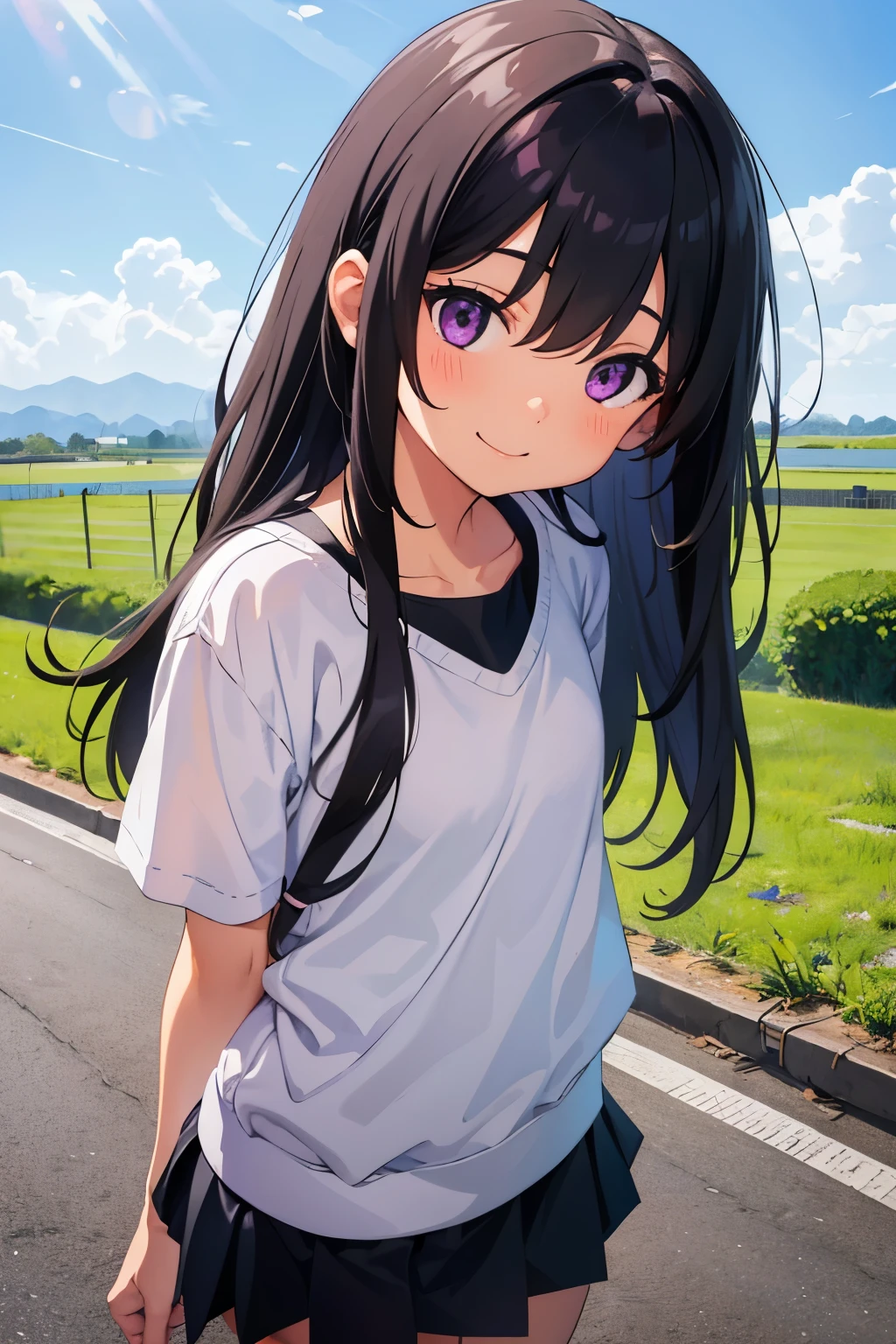 Elementary school girl, 8 years old, flat chest, black hair, long hair, purple eyes, smiling（one person） Upper body plain white T-shirt　Black mini skirt and white panties（（I can see her panties））White socks　sneakers　 Rural landscape　Walking　Dynamic angle Low angle