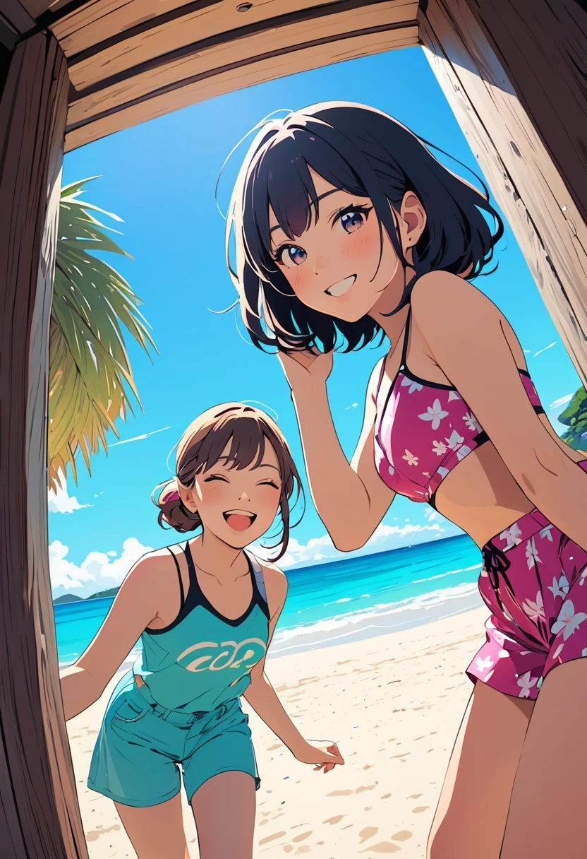 (masterpiece, best quality:1.1),
popart style,flat color,(2girls),cute face,tween,(enjoy trip),(Aharen beach,Okinawa),Japan, beautiful detailed scenery, friendly,very happy,beautiful lighting,dynamic angle,depth of field,photographic portrait, sharp,