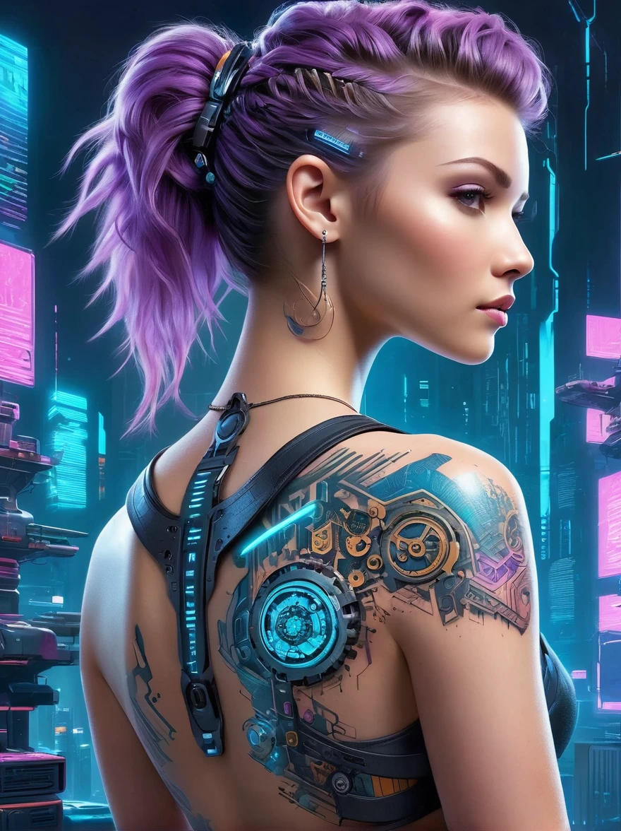 A close-up view of a detailed cyberpunk-themed back tattoo，Tattoo located in the center of the back，Starts from the upper trapezius muscle and extends to the waist，Design includes gears，Digital circuits，Elements and future urban landscapes，It reflects the fusion of mechanical and digital aesthetics in the cyberpunk genre，Colors include neon blue，Purple and metallic silver outline，The surrounding skin is clean and healthy，Presents a sharp contrast between organic and inorganic elements