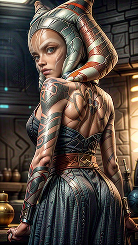 8K, Best Quality, Masterpiece, Ultra High Resolution,(Ultra-detailed face, Eyes wide open:1.3), (Ahsoka Tano: 1.1), (looking back to viewer:1.3), (upper body image:1.6), (tattoo on her back: 1.2), (highly detailed CG unity 8k wallpaper), (best illustration), (best shadows), isometric 3D , octane rendering, ray tracing, highly detailed, Ahsoka Tano with tattoo on her back
