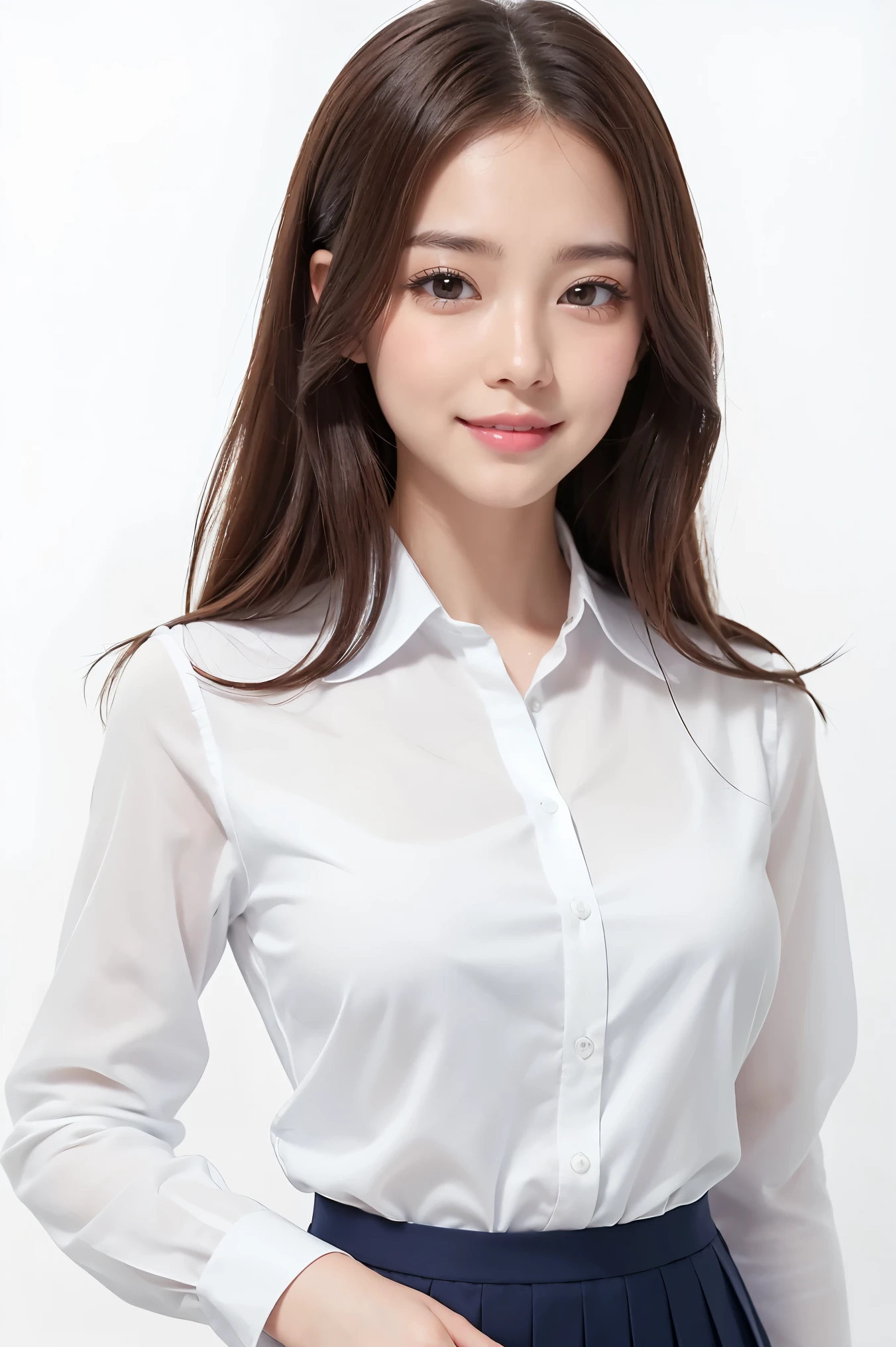(highest quality、Tabletop、8k、Best image quality、Award-winning works)、One cute high school girl、(White polyester collared shirt:1.1)、(Navy Pleated Skirt:1.1)、Girl portrait photography、Glowing Skin、Brown Hair、Standing Elegantly、(The simplest pure white background:1.1)、(Large Breasts:1.1)、(Accentuate your body lines:1.1)