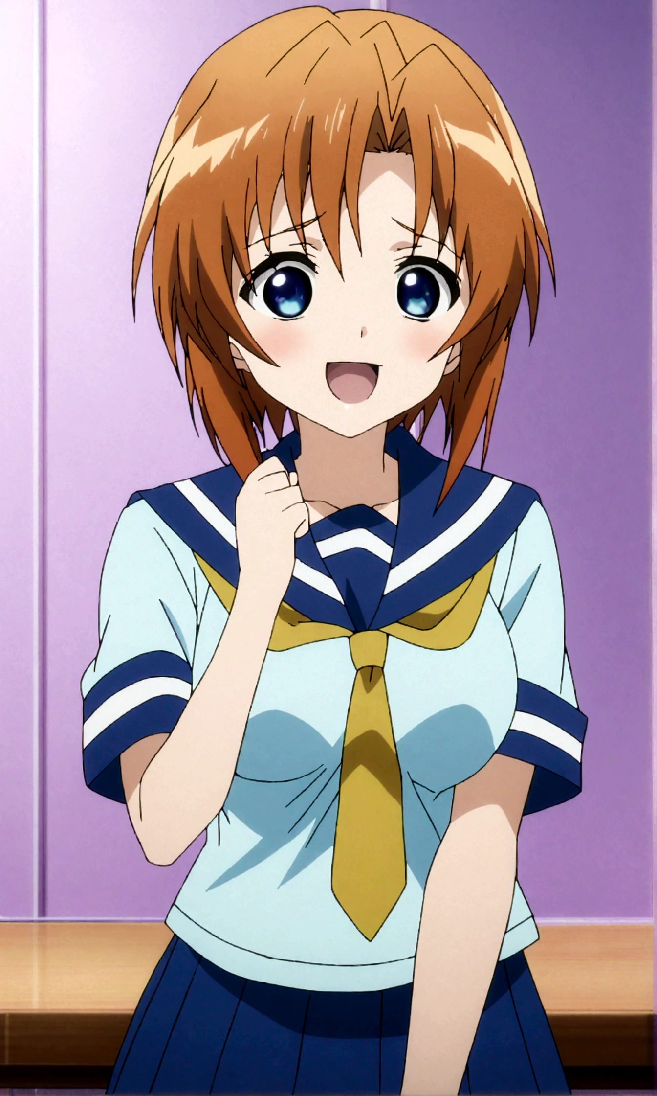 Ugly score_9, score_8_up, score_7_up, score_6_up, source_anime, anime screencap, anime coloring, 1girl, ryuuguu rena, solo, teenage, kawaii, breasts, medium breasts, blue eyes, blush, open mouth, orange hair, short hair, big breasts, simple background, white background, blue , serafuku, skirt, smile, pleated skirt, blue skirt, necktie, yellow necktie,straight-on,