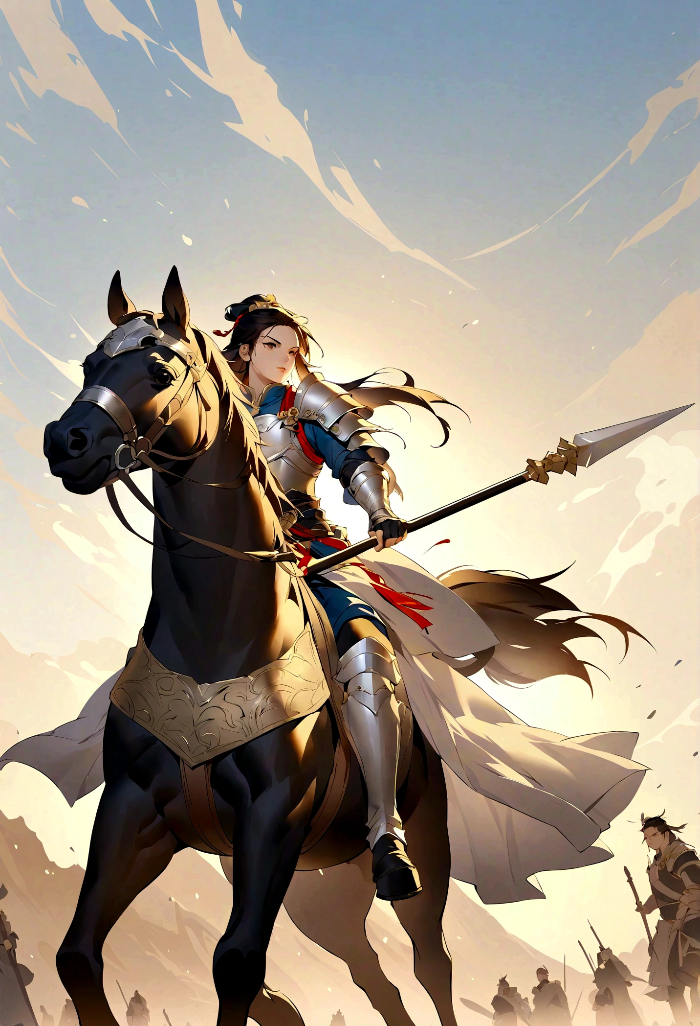 Three Kingdoms, Zhao Zilong, horse riding, Wield a spear, Heroic and fearless, Wearing armor, Behind it is the battlefield, 