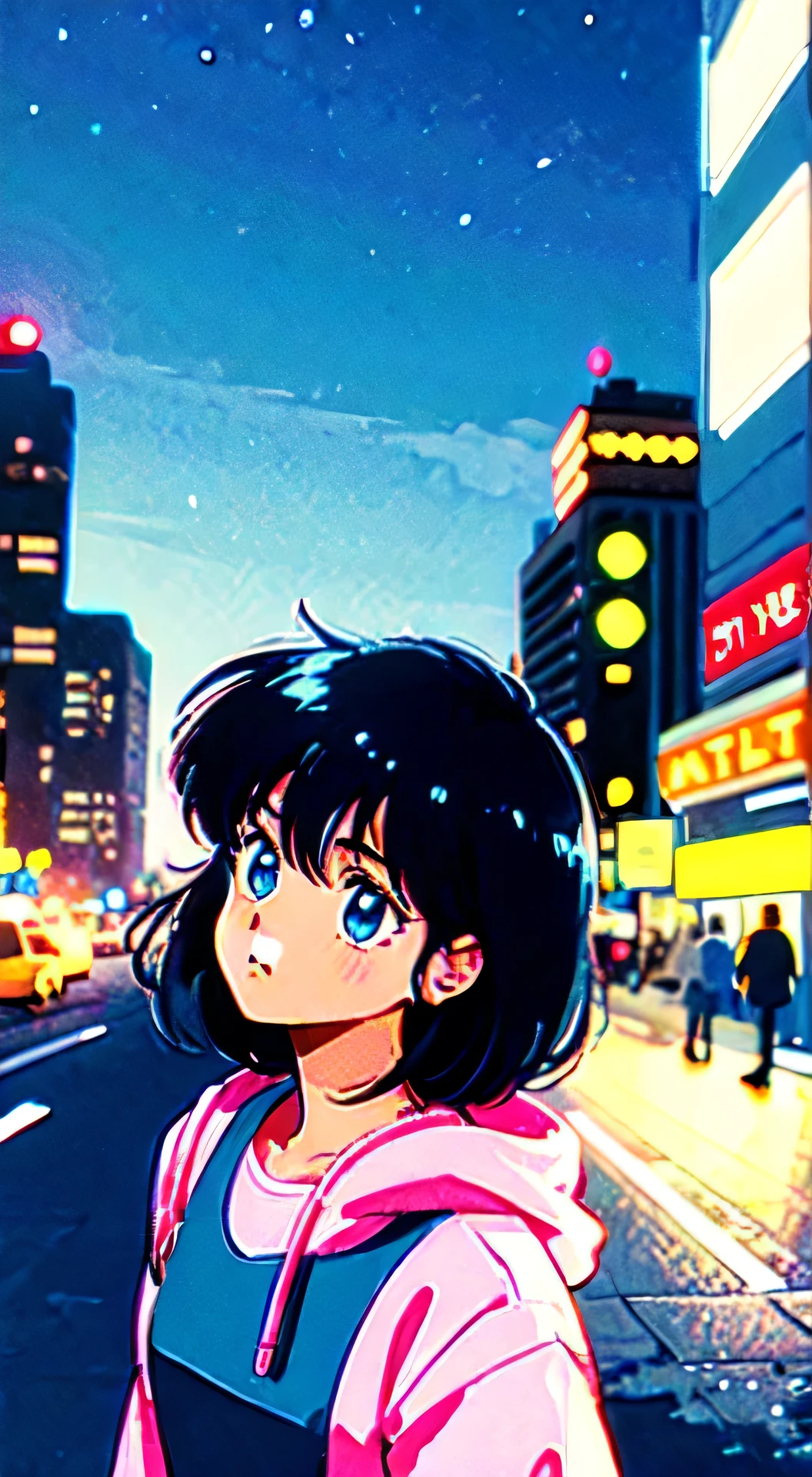 Retro、Girl looking up at the sky in the night city、The background is a neon street