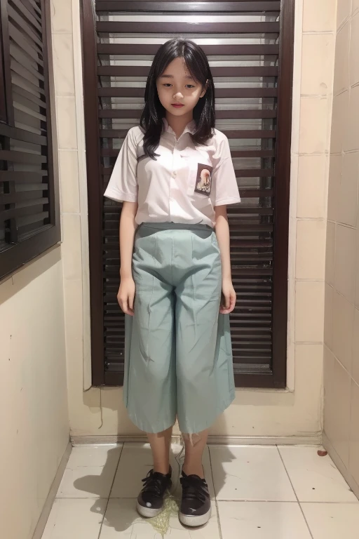 (pp clothes), (realistic), A girl sees the ghost and peed herself, standing position, peeing herself on to skirt, peeing:1.3, urination:1.3, pee stain:1.2, pee puddle:1.1, view to viewer