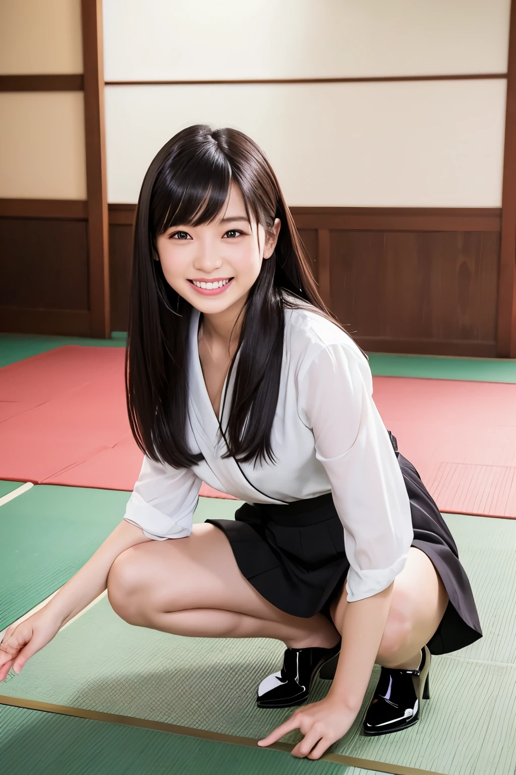 Japanese-style room、On the tatami、Laughter、(Squat:1.2)、Spread your legs wide、Panties、Black suit、Black Mini Skirt、OL、Black pumps、Professional attire、(24-years-old:1.1)、(smile:1.3)、(Shiny Hair:1.3)、 Brown haired、Indoors in bright daylight:1.2, Photographed from the front、Beautifully detailed eyes、 Seeing the viewer,cute、土足でOn the tatami