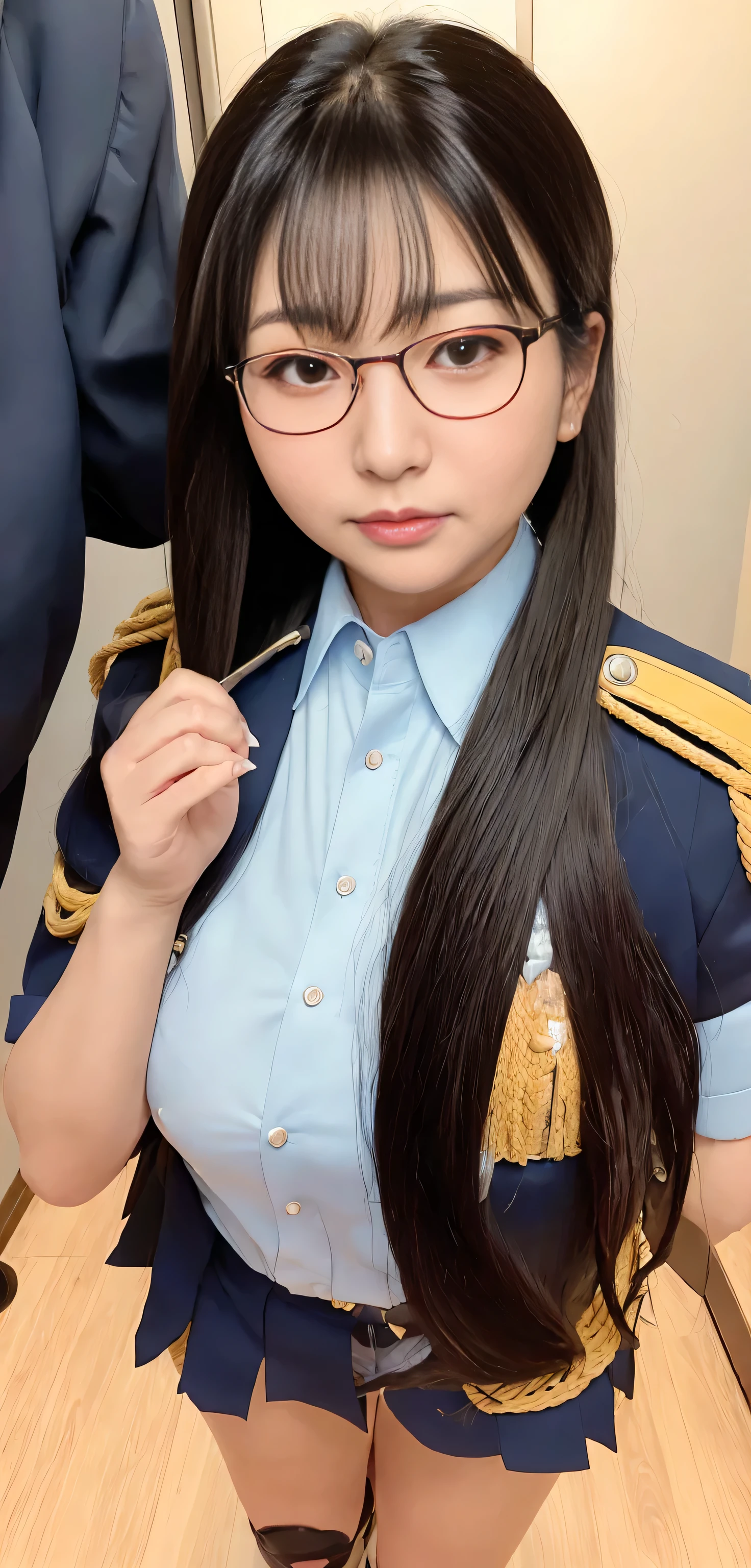 Japanese ID, Mature Woman, ((Chubby round face around 40 years old)), Glasses, Wavy black hair with no bangs, Long Hair:1.65, Big twin ponytail:1.79, Flashy makeup, Fuller lips, Sexy Gaze, Cute uniforms are avoided, ((dressing)), looking at the camera, Low angle shooting, Cute duck lips,((Very accurate and correct anatomy)), (masterpiece:1.3), Perfect balance, Realistic photos, Full Shot, whole body, ((height: 148cm)), High heels, loafers, (2 Foot, Two Arms), ((Panty shot)),(((Torn uniform)))