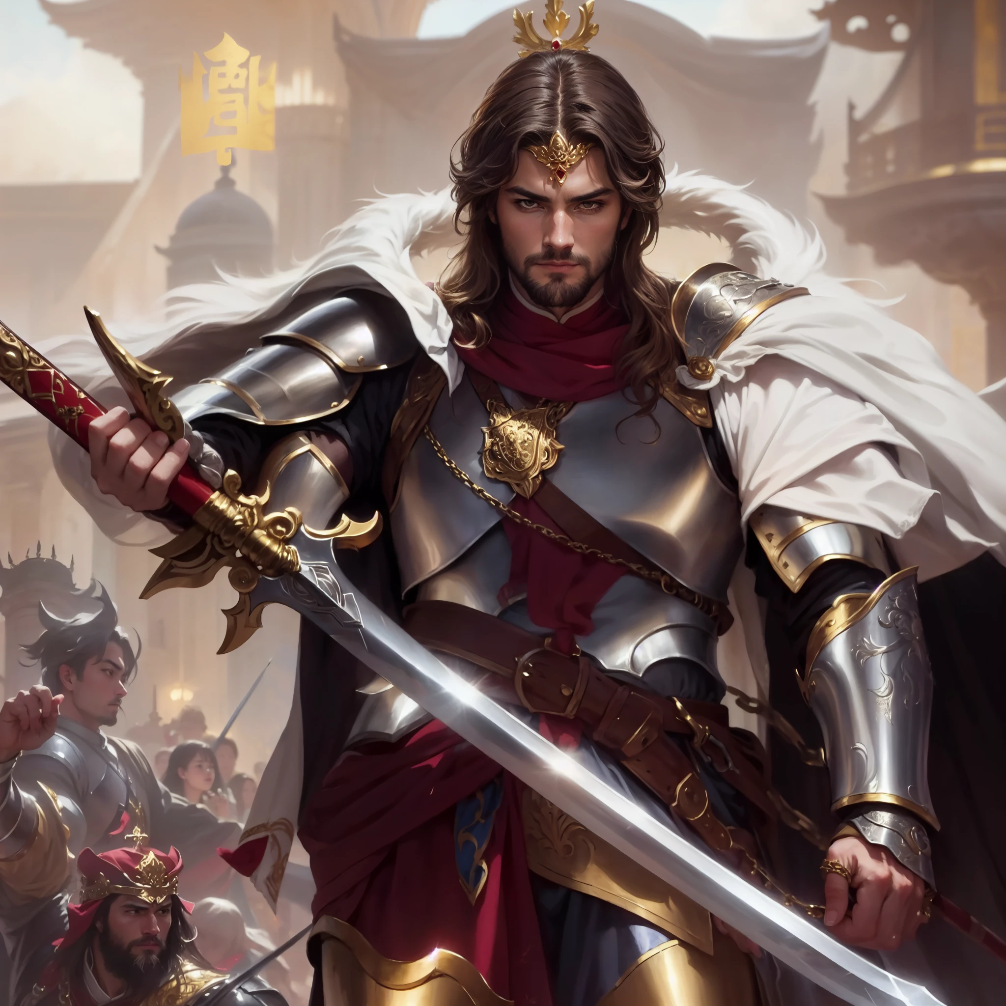 Half-length close-up，Medium shot，knight，Close-up of a man with drawn sword in both hands,(Rococo, Gorgeous, [Red | gold] armor，头上有红色头巾配上gold装饰物), Chain, Holy Halo Design, (Standing in the king&#39;s hall of the luxurious castle), (rich environment),detailed background, fantasy background, Practical, photoPractical, ultra Practical, 8K, (illustration:1.1), (Perfect details:1.1), landscape, background, Abstract, Hard Lighting, Edge lighting, (8K) (best quality:1.4), (masterpiece:1.3), ultra-detailed landscape, background,(Intricate details, Ultra Detailed:1.15) Abstract, Hard Lighting, Edge lighting,  (8K) (best quality:1.4), (masterpiece:1.3), Extremely intricate artwork, sharp, 8K, thrilling, crystallic, , Filigree, Surrealism, Rich details, poster, perfectionism, sharp focus, 
