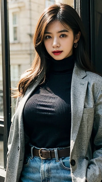 Characterful,, , 1 Girl, Ahog, Bangs, black skirt, black sweater, Blue nails, Vague, Vague background, breast, Brown eyes, Brown hair, brown jacket, Shut up, Outdated, sky, Depth of Field, earrings, eyelash, hands up, Head tilt, jacket, Jewelry, Long hair, Long sleeve, Looking at the audience, medium breast, Nail polish, Open clothes, open jacket, outdoor, Pursed lips, Tuck your shirt into your pants, Side lock, skirt, Sleeves over wrists, Solitary, sweater, Upper Body, zipper, , , ((masterpiece)), , 