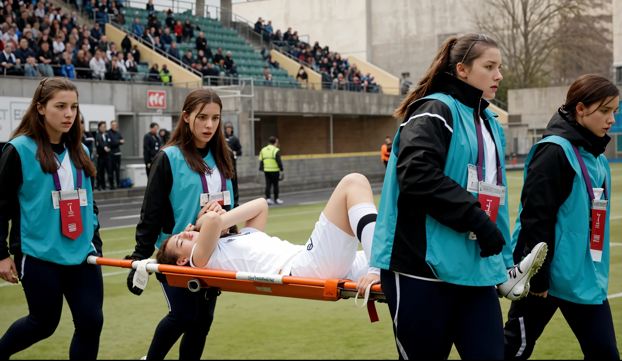 a soccer scene in a german sports stadium, injury scene in a sports stadium, stretcher carry, an injured soccer player is lying head first on his back on a stretcher and is covering his head with the hand, there are four young schoolgirls in shiny leather-trousers carrying a stretcher, there are four longhaired schoolgirls in high-shine latex-leggings who are carrying a stretcher in a german sports stadium, there is a wounded male soccer player in a short sports outfit lying head first on the stretcher, an injured male soccer player is lying head first on his back on a stretcher and is covering his agonised face with a hand, a soccer player is rearing up in intense pain while lying head first on his back on a stretcher and covering his head with a hand, dramatic scene, theatralic posing scene, dramatic pity scene, injury soccer, first aid, help, pity, there are four very angry looking schoolgirls in shiny latex-trousers who are looking very sad and very terrified and very shocked, the injured soccer player is screaming out in pain while he is carried from the pitch on a stretcher