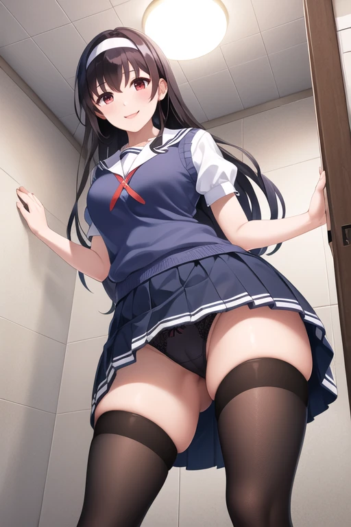 masterpiece, best quality, highres, aautaha, long hair, black hair, hairband, show panties, lift skirt:1.3, view from below:1.5, sailor collar, sweater vest, blue sweater, white shirt, short sleeves, pleated skirt, blue skirt, (black stockings:1.2), bathroom, smile,