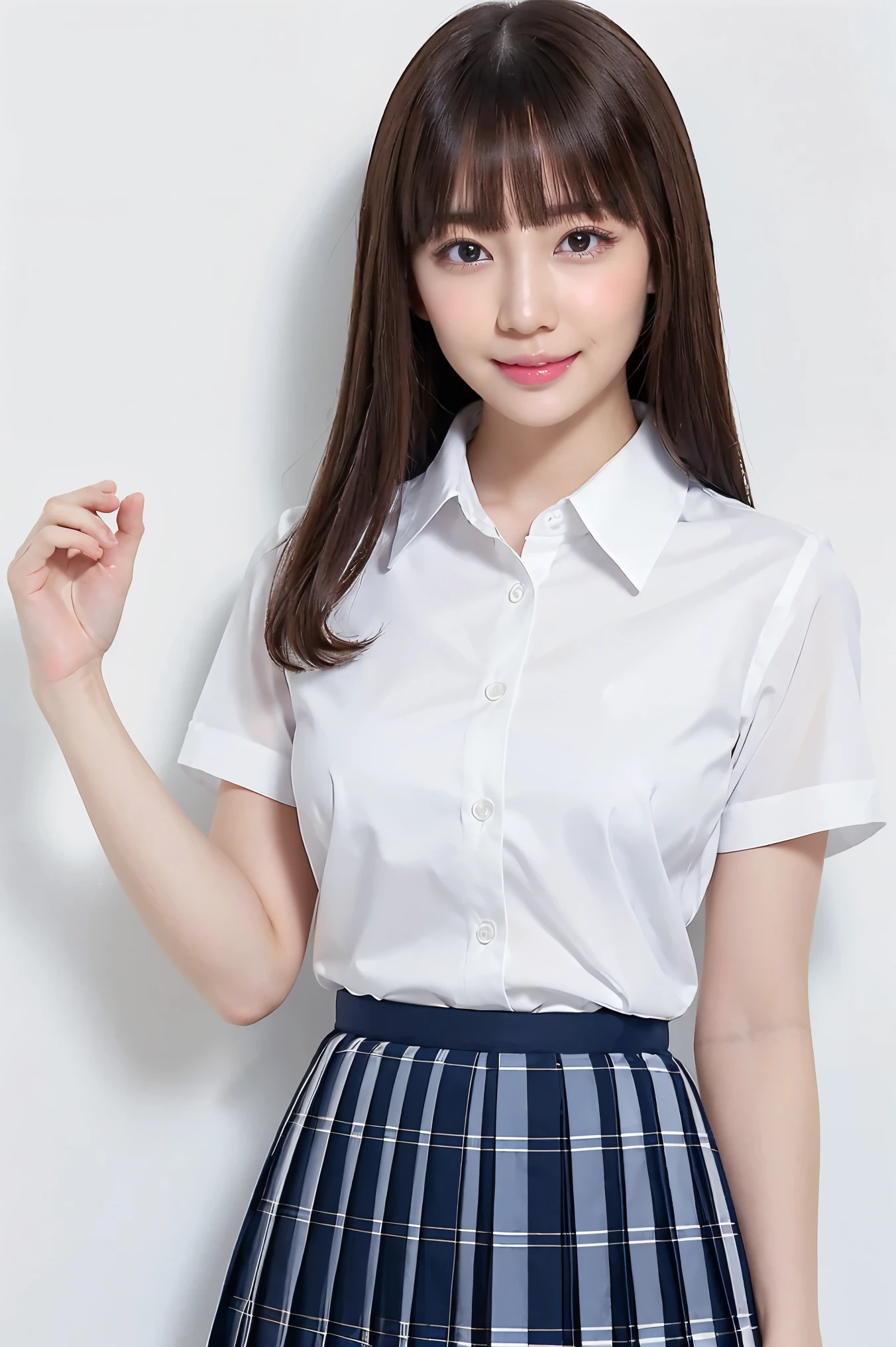 (highest quality、Tabletop、8k、Best image quality、Award-winning works)、One cute high school girl、(White polyester collared shirt:1.1)、(Navy Pleated Skirt:1.1)、(Uniform ribbon on chest:1.1)、Girl portrait photography、Glowing Skin、Brown Hair、Standing Elegantly、(The simplest pure white background:1.1)、(Large Breasts:1.1)、Accentuate your body lines