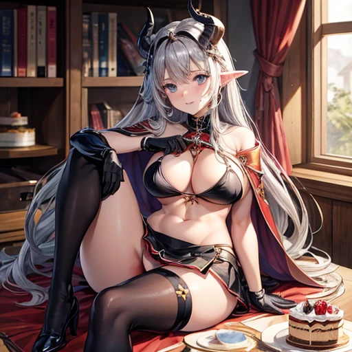 masterpiece, highest quality,, GBF, Black gloves, Black knee socks, Cape, draft, Grey Hair, horn, Big Breasts, Long Hair, Pointed Ears, mini skirt, Red Skirt,, indoor, cake, Happy, bikini Alluring thighs