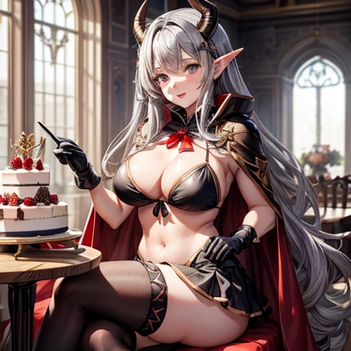 masterpiece, highest quality,, GBF, Black gloves, Black knee socks, Cape, draft, Grey Hair, horn, Big Breasts, Long Hair, Pointed Ears, mini skirt, Red Skirt,, indoor, cake, Happy, bikini Alluring thighs