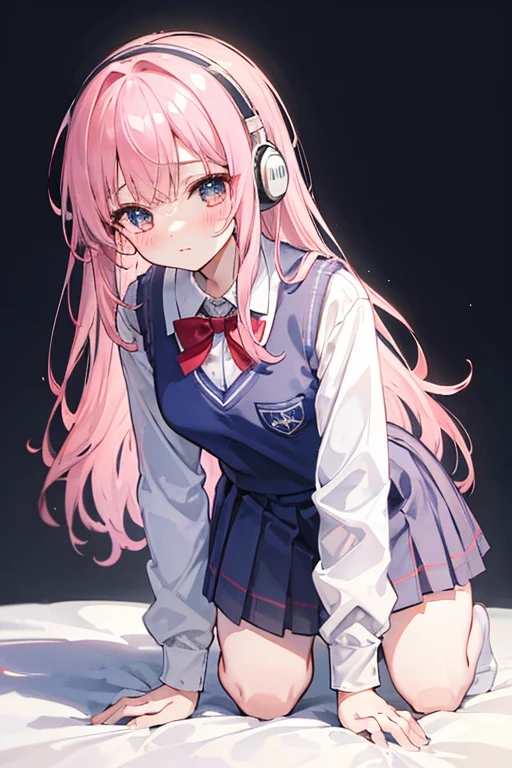 (8k、highest quality、masterpiece:1.2)、Illustration touch、Ultra-detailed、Super A High Resolution、Light pink hair、long hair、Headphones、One woman in uniform、clear、High 、White long sleeve blouseとnavy blue sweater vest、White long sleeve blouse、The blouse is buttoned、small red ribbon on the chest、navy blue sweater vest、Red tartan check skirt、mini skirt、White Pantyhose、Slender figure、On all fours、ベッドにOn all foursで腰を上げている、Inner thighs、White panties、Blushing with a crying expression