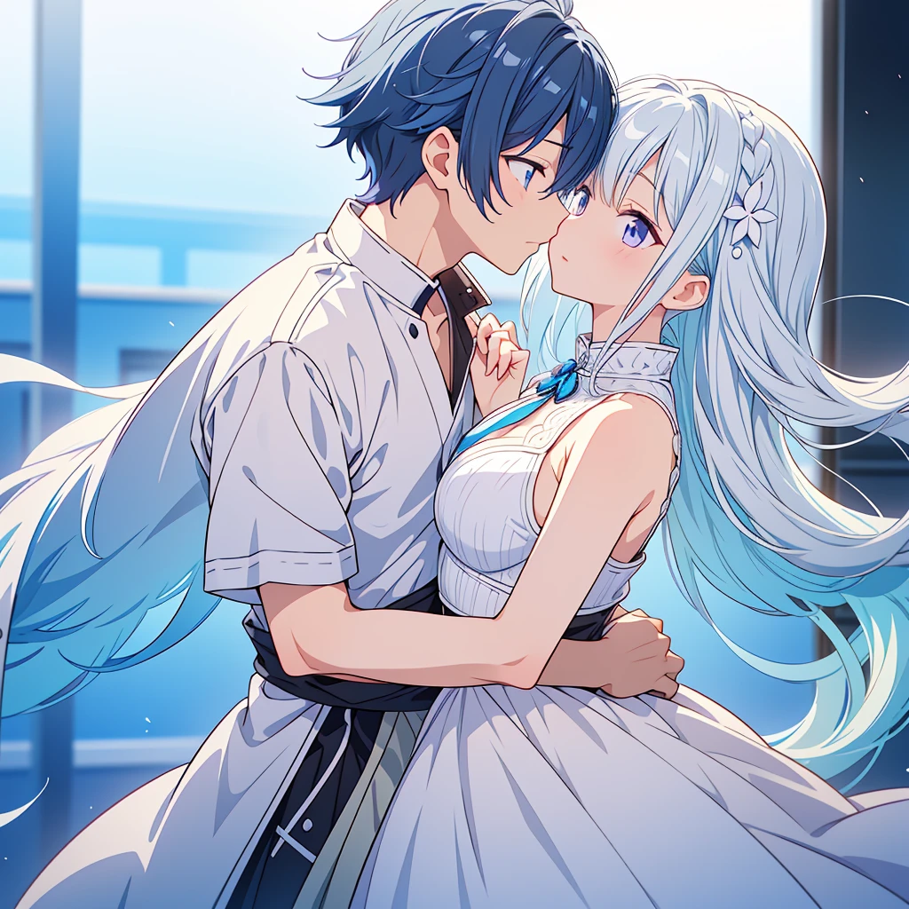 Male and female couple、The boy has short hair that is a gradient of white and blue.、Couple hugging and kissing、masterpiece,a bit,cute、Relaxed facial expression、sdcgsd、Milky white and purple gradient long hair、Double Knit、Black and white diamond-shaped hair ornaments on both sides、a bit男の子、The boy has short, two-tone white and light blue hair..、Let&#39;s get along together、Heartwarming、Fluffy world、ゆるcute世界、The best light source、CrptGrl,Yijiang style,Meteor shower fractal art、like、、Embarrassing、Embarrassing、